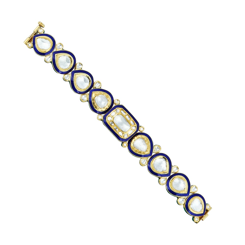 Polki Bracelet with Blue Enamel and Pear-Rectangle Motifs